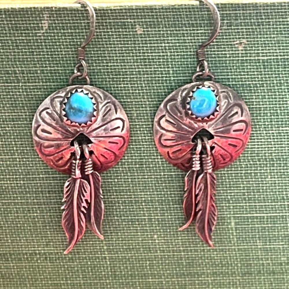 Navajo 925 Sterling Silver Turquoise Concho Feather Vtg OLD PAWN Dangle Earrings